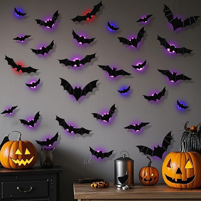 DR.DUDU 36 Pack Halloween Bats Wall Decor – Lighted 3D Bat Stickers Assorted Size for Halloween Party, Bedroom Window Decorations, Indoor and Outdoor Home Decals