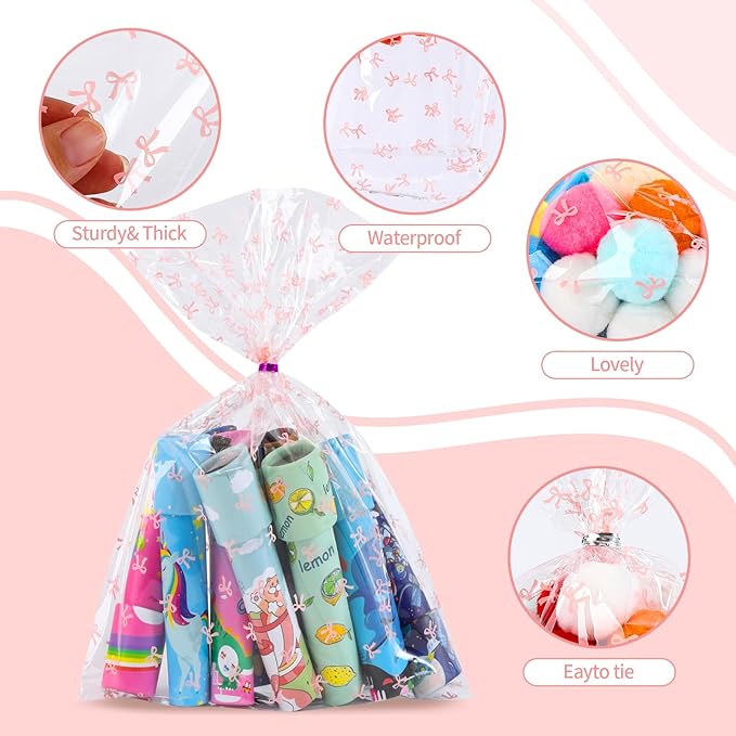 SOMIOCO Clear 50 PCS 12X16 In Cello Cellophane Treat Bags Party Favor Bags Pink Candy Cookie Bags Plastic Gift Goodie Bags with Twist Tie for Birthday,Baby shower,Wedding (Bow pattern)