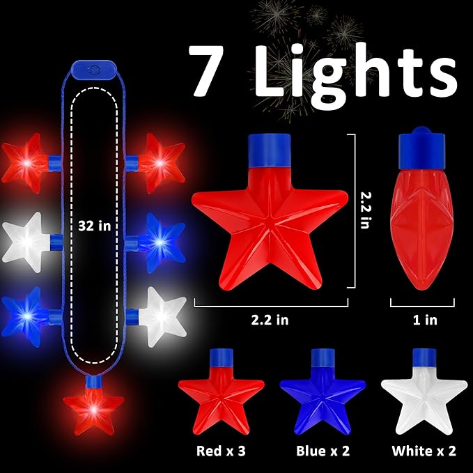 8PCS 4th of July Necklaces, Fourth of July Light up Necklace Accessories, Patriotic Red White Blue Independence Day 7 Bulb Bulk, Glow Accessories for Memorial Day Veterans Day Patriotic Party Parades