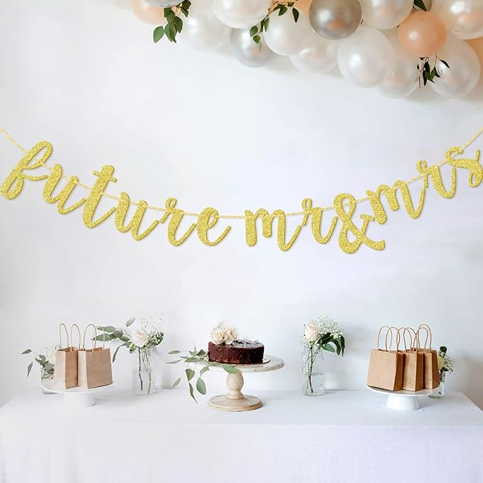 Future Mr & Mrs Banner for Engagement Bridal Shower Bride and Groom Party Decorations Pre-Strung Sign (Gold Glitter)