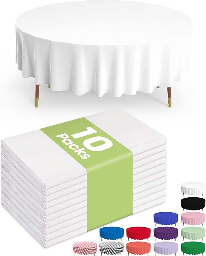 Pureegg Plastic Table Cloth Disposable 10 Pack, 84'' Round Table Cloths, Party, Picnic, Wedding, Decorative Tablecloths, Round, White Plastic Cover, Leakproof & Sturdy, White
