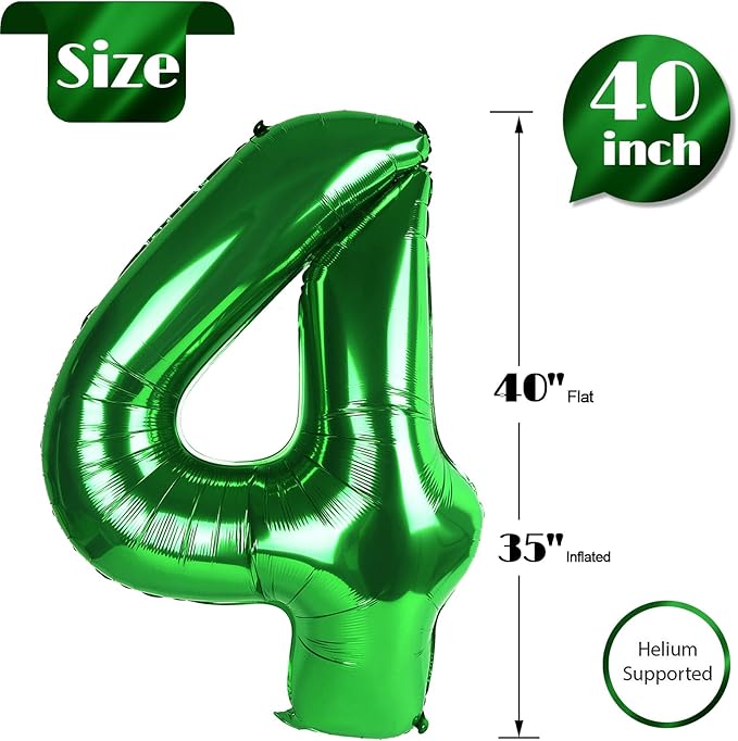 Green Number 4 Balloon 40 Inch, 4 Balloon Number, 4th Birthday Decorations, Green Party Supplies for Boys Girls
