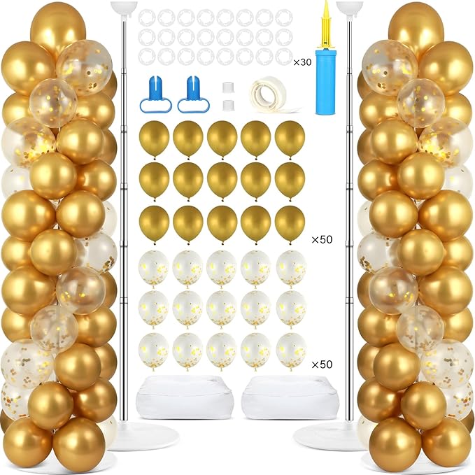 2 Sets Metallic Gold Balloon Column Stand Kit with 100 Balloons Adjustable Balloon Tower Stand with Bases for Floor Gold Confetti Balloons Column Kit for Shower Birthday Wedding Back to School Party