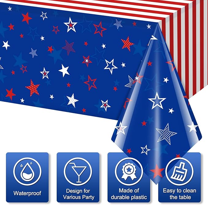 1Pcs Patriotic Tablecloths for 4th of July Decorations,Red White Blue Star Plastic Disposable Table Cover for Fourth of July Memorial Patriotic Day Independence Veterans Day Party Supplies,54x108 Inch