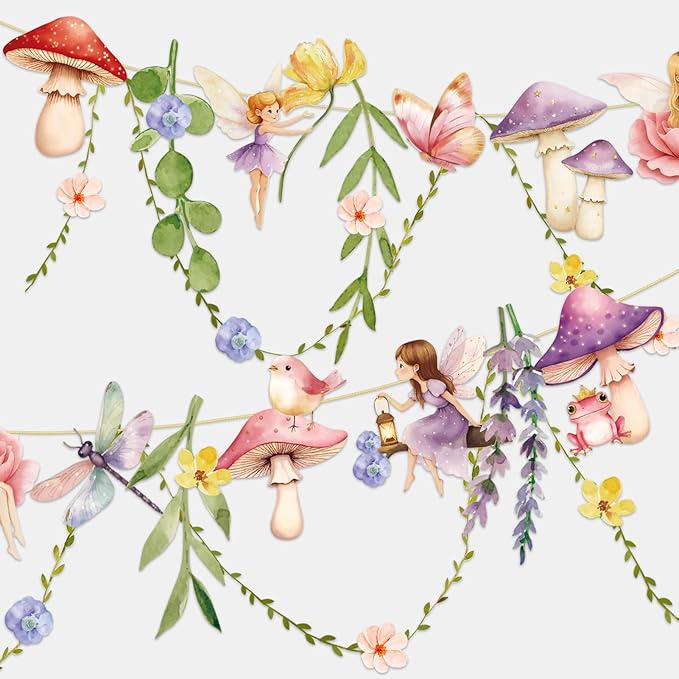 Fairy Party Banner, Fairy First Birthday Party Decorations, Mushroom Flower Banner for Baby Shower Garden First Fairies Tale Theme Girls Birthday Wedding Decor