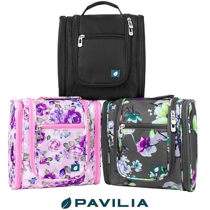 PAVILIA Toiletry Bag Travel Bag for Women Men, Hanging Cosmetic Organizer, Water Resistant Makeup Bag for Accessories Toiletries, Large Travel Essentials Kit (Floral Pink)