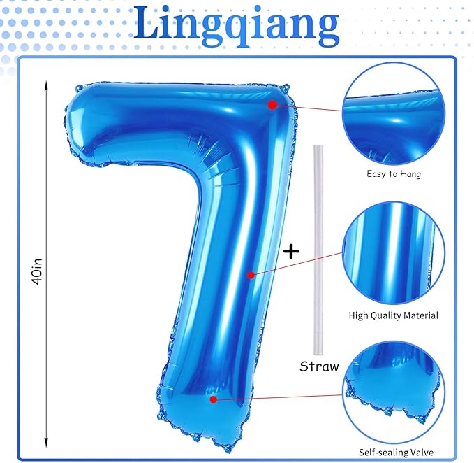 40" Blue Number 7 Balloon for Boys, Large Self Inflating Foil Number Balloons Set 0-9, Digital Helium 7 Balloons for Men 17th 70th Birthday Anniversary Graduation New Year Party Decorations Supplies