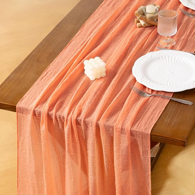 Socomi 3pcs Peach Orange Easter Spring Gauze Cheesecloth Table Runner 120 Inch Rustic Boho Cheese Cloth Runner for Wedding Party Baby Bridal Shower Centerpiece Decoration Holiday Home Decorations