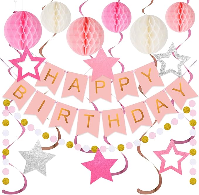 meowtastic Birthday Decorations, Happy Birthday Banner with Honeycomb Balls, Stars Hanging Swirls Streamers, Circle Dots Garland, Happy Birthday Party Decorations for Women Men Boys Girls (Pink)