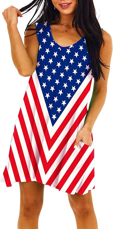 Deerose Women 4th of July Sleeeveless Dress Patriotic V Neck Tank Dresses with Pockets