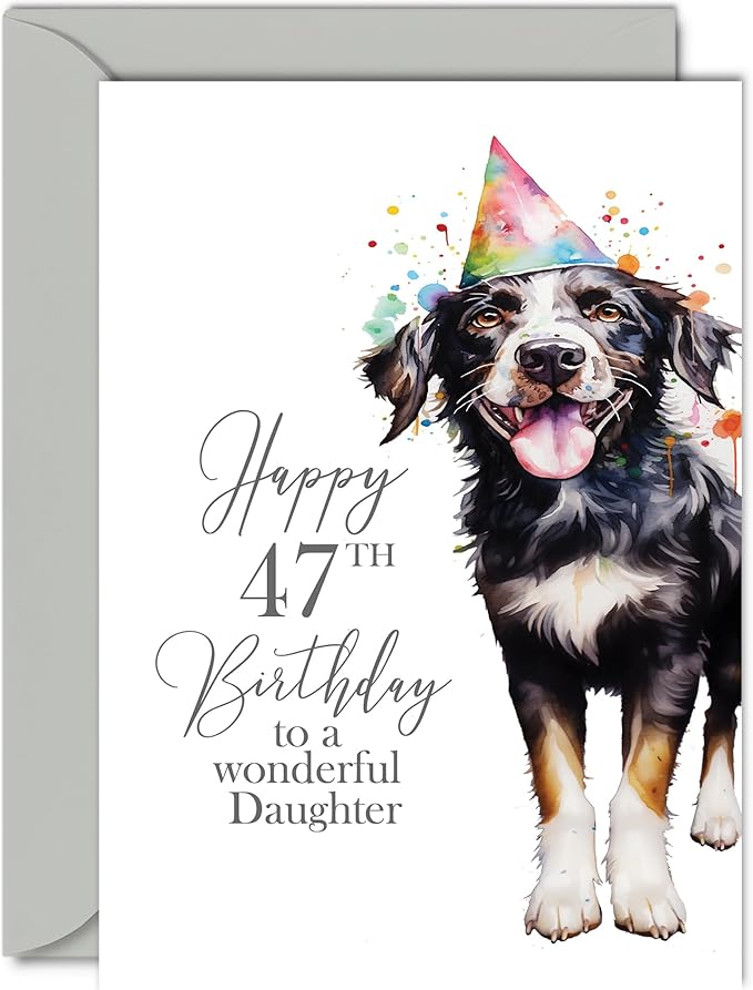 47th Birthday Cards for Daughter - Party Dog - Happy Birthday Card for 47 Year Old Daughter from Mum Dad, 5x7 Inch Bday Woman Women Her Greeting Cards Gift for Daughter Birthday Gifts