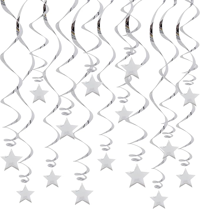 BEISHIDA Silver Star Hanging Swirl Decorations,Hanging Silver Party Supplies for Graduation Wedding Baby Shower Decorations, Pack of 15