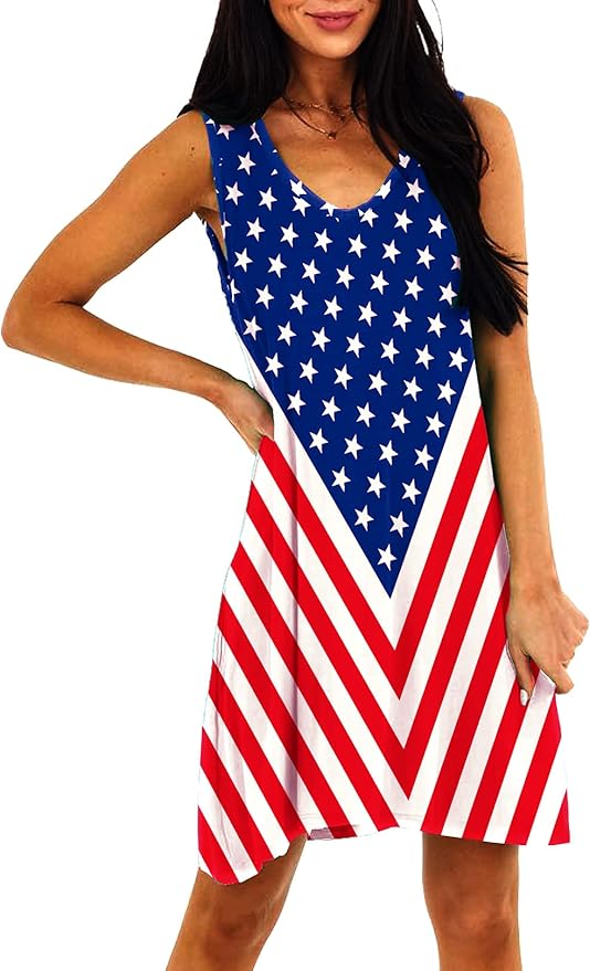 Deerose Women 4th of July Sleeeveless Dress Patriotic V Neck Tank Dresses with Pockets
