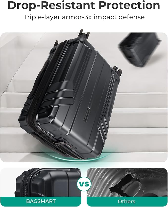 BAGSMART Expandable Carry On Luggage 22x14x9 Airline Approved, 1OO% PC Lightweight Hard Shell Suitcase, 20 Inch Travel Luggage with Spinner Wheels, Waterproof Rolling Suitcase, Black
