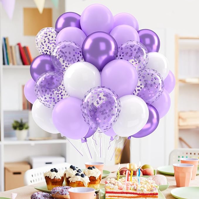 Patimate Lavender Purple Balloons Set, 50 pcs 12 inch Metallic Purple Lavender Lilac Confetti Latex Balloons Kit for Birthday Baby Shower Wedding Party Decorations