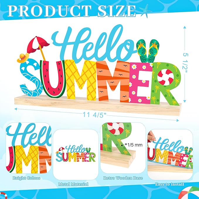 COCHIE Metal Hello Summer Sign, Summer Decorations for Home, Office, Shelf, Mantel, Indoor, Beach Slippers Tabletop Centerpiece Decoration, Watermelon Red Decor (Beach)