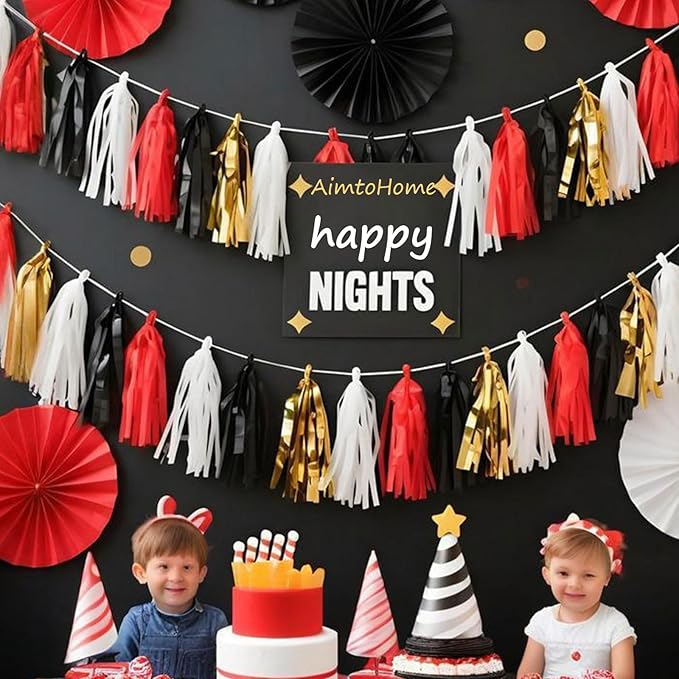 Red Black White Gold Paper Tassel, 20 Pack, Party Decorations for Birthday, Baby Shower, Sprot Game,Graduation