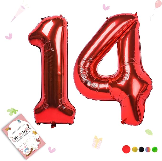 Smlpuame 40 inch Number Balloon 0-9 Red Large Number 14 Balloons,Digital Balloons for Birthday Party Celebration Decorations Supplies, Helium Foil Number Balloons for Wedding Anniversary