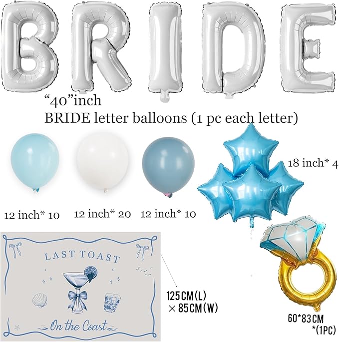 Last Toast on the Coast Bachelorette Decorations Blue bridal shower Blue Balloon Garland Kit with Backdrop Huge 40 inch BRIDE letter Diamond Ring balloons for Hen Party Wedding Engagement supplies