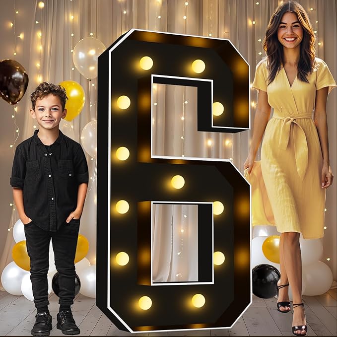 Pooqla 4 FT Light Up Marquee Numbers, Black Marquee Number Lights 4 Feet Tall for 6th 16th 60th Birthday, Giant Letter Big Mosaic Numbers for Balloons Party Anniversary Wedding Decorations, Number 6