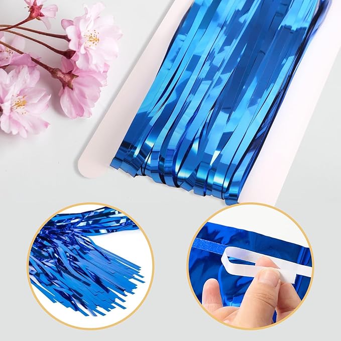 12 Pack Blue Foil Curtain Backdrop 3.2ft x 6.6ft Metallic Tinsel Fringe Backdrop Curtains Streamer Photo Booth Backdrop for Birthday Engagement Bachelorette Christmas Holiday Party Decorations