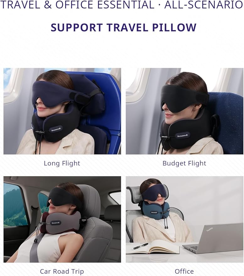 Travel Pillow, Neck Pillow Airplane with 3D Eye Mask & Seat Strap for Long Flight Sleep Road Trip, Dual-Density Supportive Foam, 360°Support Head, Neck & Chin Travel Essential Black & Purple