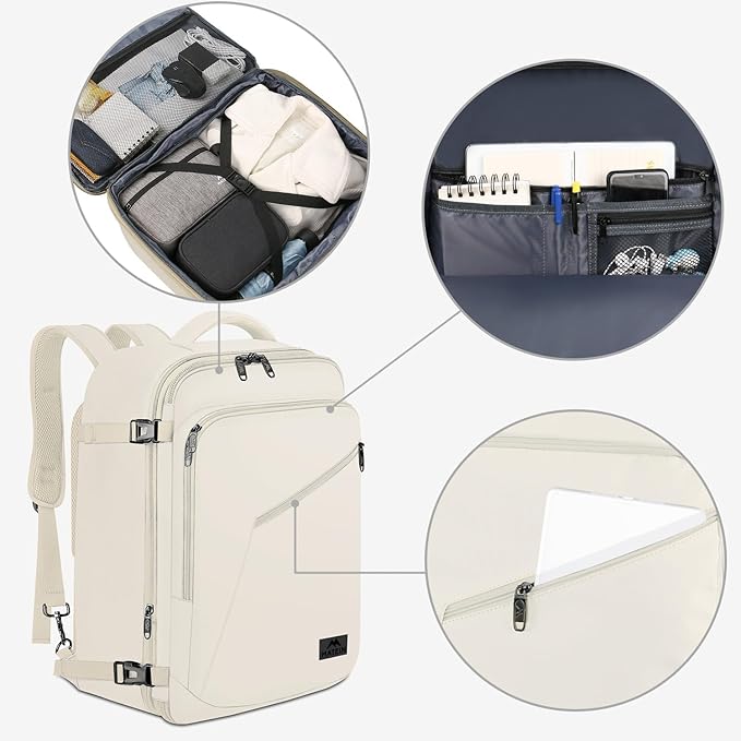 MATEIN Large Travel Backpack Women, Lightweight Carry on Backpack & Hidden Shoulder Straps, Waterproof Anti-Theft Daypack for Flight, Expandable Hiking Weekend Daypack, Travelling Gifts, Beige