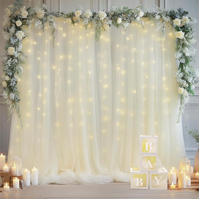 10x10ft Ivory Tulle Backdrop Curtain with Lights String for Parites, Sheer Photo Backdrop Curtain Drapes for Wedding Baby Shower Birthday Party Photo Shoot Decorations