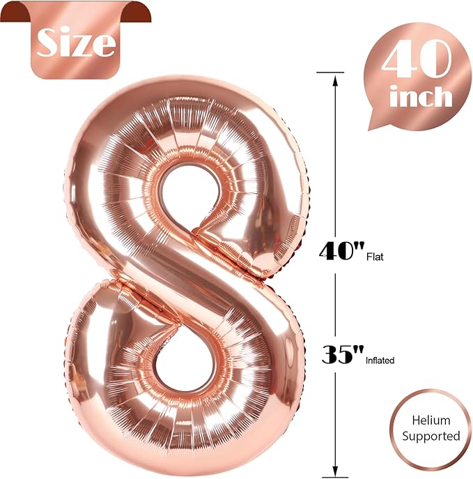 Rose Gold Number 8 Balloon 40 Inch, 8 Balloon Number, 8th Birthday Decorations, Rose Gold Party Supplies for Boys Girls