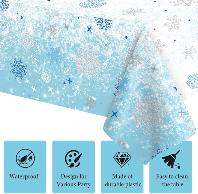 2 PCS Blue White Plastic Snowflake Tablecloth(54x108 Inch) Frozen Birthday Winter Wonderland Decorations Disposable Table Cover Tablecloths for Christmas Holiday New Year Party Favors Supplies Decor