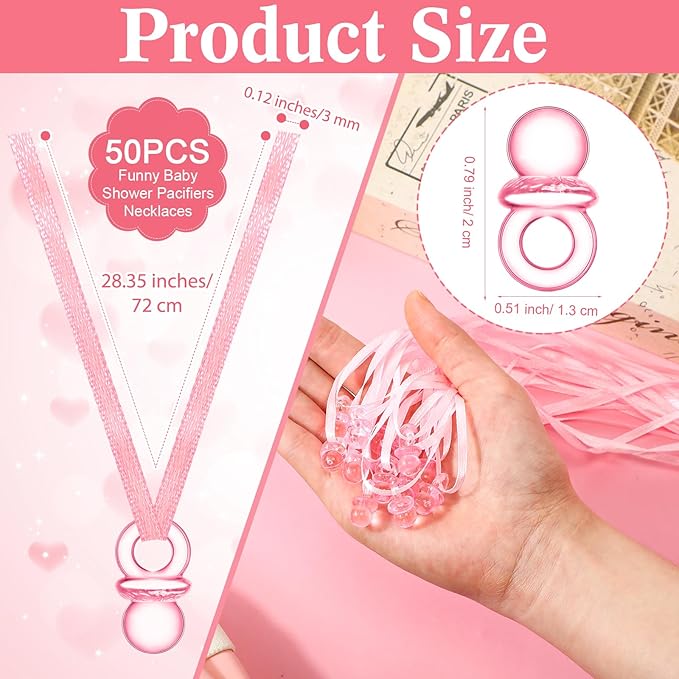 Geetery 51 Pcs Don't Say Baby Game Sign Cool Baby Shower Game 50 Pacifier Necklace Wooden Don't Say Sign Plastic Pacifier Party Favor for Gender Reveal (Pink Bow,Pink)