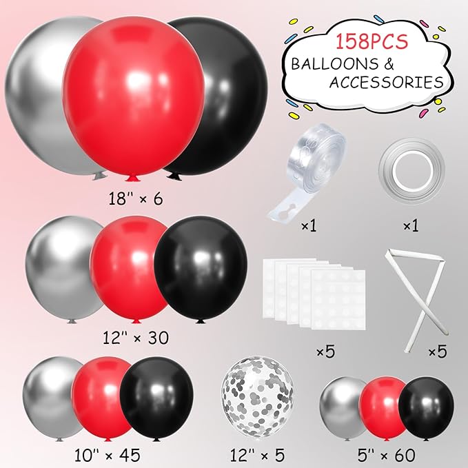 Black Red Metallic and Confetti Silver Balloons Garland Arch Kit, 147 Pcs Latex Balloon Different Sizes for Birthday Party Graduation Father's Day Anniversary Bachelorette Party Decoration