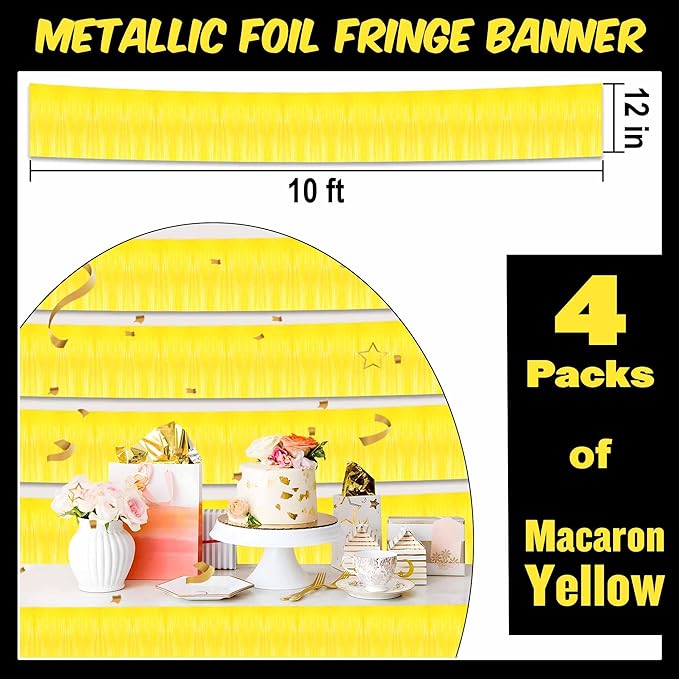 4 Pack 10 Ft Macaron Yellow Foil Fringe Garland Metallic Streamers Tinsel Banner Wall Hanging Garland Backdrop for Parade Floats, Halloween, Christmas, Thanksgiving, New Year Party Decorations