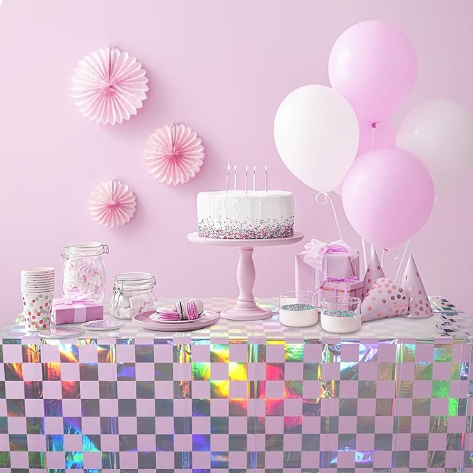 6Pack Iridescent Checkered and Purple Plastic Tablecloths Shiny Disposable Laser Rectangle Table Covers Holographic Foil Tablecloth Iridescent Party Decorations Birthday Bridal Baby Shower, 54x108Inch