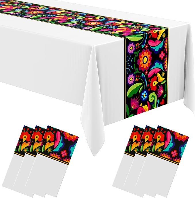 Oudain 3 Pcs Fiesta Tablecloth 108 x 54 Inch Plastic Tablecover Mexican Waterproof Tablecloth Disposable Table Cover for Taco Night Festive Mexican Fiesta Wedding Party Decoration (White)