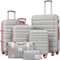 LONG VACATION 6 Piece Luggage Set Carry on Suitcase with ABS+PC hardshell, Spinner Wheels & YKK Zipper TSA Lock (GREY-PINK, 6 piece set)