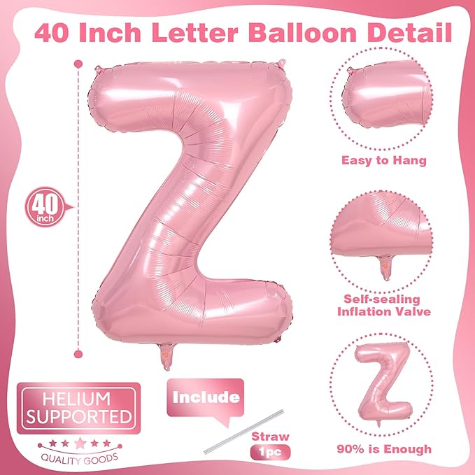 Z Letter Balloon Pastel Pink, 40" Alphabet Foil Word Balloons, Large Inflatable Light Pink Balloon Letter Z, XXL Mylar Custom Letter Balloon Light Pink for Girls Birthday Party Decoration Supplies