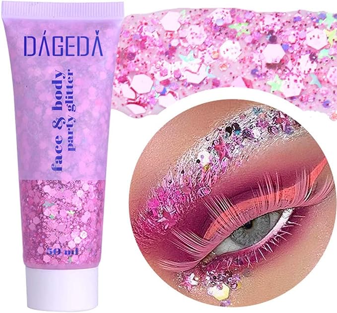 DAGEDA Body Glitter Gel, Face Glitters Body Gel Sequins Shimmer Liquid Eyeshadow, Chunky Glitter for Face Hair Nails, Holographic Cosmetic Laser Powder Festival Makeup 50ml(Pink)