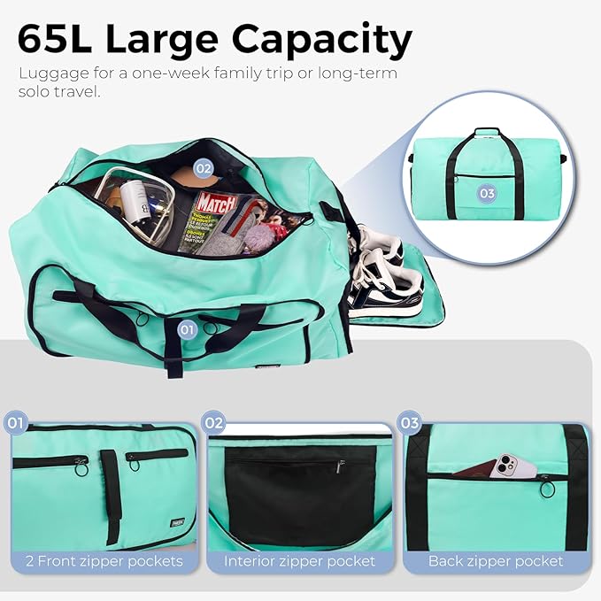 Fmeida 65L Duffle Bag with Shoes Compartment, Foldable Travel Duffel Bags for Men Women, Large Packable Travel Bag Water Repellent & Tear Resistant (Mint Green)