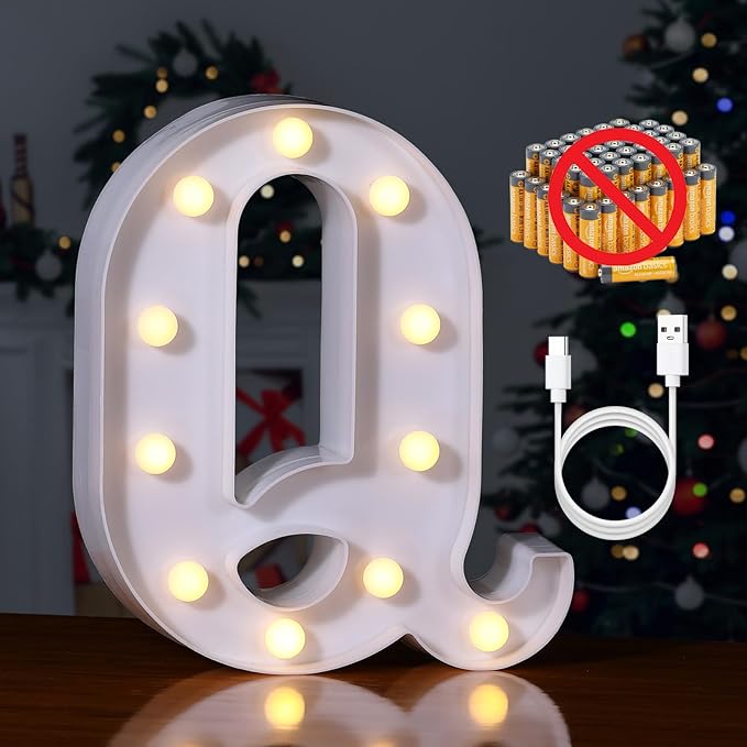 Foaky Rechargeable LED Letter Lights Sign Marquee Light Up Letters Sign for Night Light Wedding/Birthday Party Christmas Lamp Home Bar Decoration (Q)