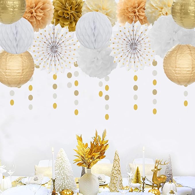 White Gold Party Decorations Streamers - 14pcs Christmas Wedding Engagement Paper Lanterns Fan,Tissue Pom Poms,Honeycomb Balls,Bachelorette Neutral Birthday Baby Bridal Shower Decor Lasting Surprise