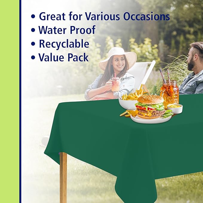 Green Disposable Plastic Tablecloth for Rectangle Tables (12 Pack) Premium Decorative Table Covers, for Parties, Events and Weddings, Indoors & Outdoors, 54 x 108 inch, Rectangle, Green
