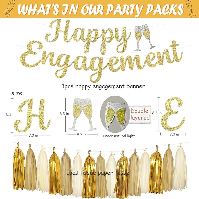 Engagement Party Decorations, Gold Glitter Happy Engagement Banner, Almost Married/Just Engaged Photo Background, Paper Tassel Garland for Congratulations Wedding Bachelorette Party Shower Décor