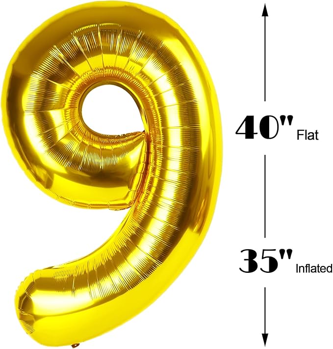 40 Inch Big Gold 9 Balloon Number, Jumbo Giant Happy 9th 19 29 39 49 99 Birthday Party Decorations, Large Nine Mylar Foil Anniversary Birthday Party Engagement Decorations