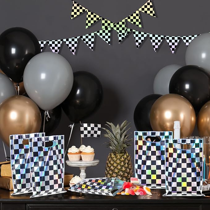 FunnyPars 50 Pcs Iridescent Checkered Race Car Party Favor Bags, Plastic Black and Iridescent Car Goodie Treat Bags, Racecar Laser Plaid Gift Bags for Kids Fast Race Car Birthday Party Decorations