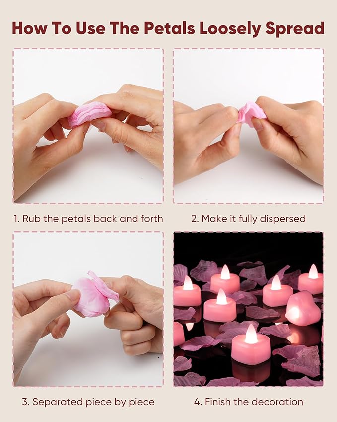 Amagic 2000 Pieces Pink Artificial Rose Petals with 24 Pink Heart LED Tea Lights, Rose Petals and Candles Set for Proposal, Anniversary, Romantic Night, Wedding Decor