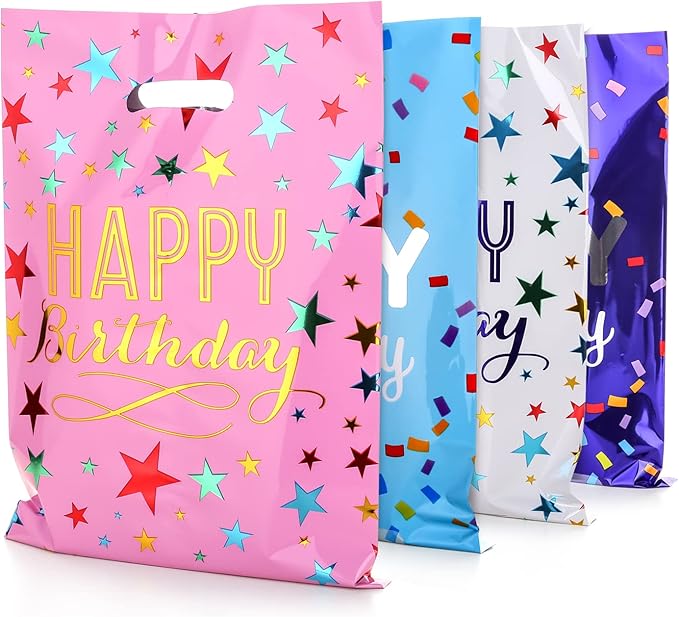 6.7 * 9.8inch Happy Birthday Party Favor Bags 40 PCS, Plastic Goodies Loot Gift Bags Bulk for Kids Baby Girls & Boys Birthday Party Supples (B Style 40 Packs)