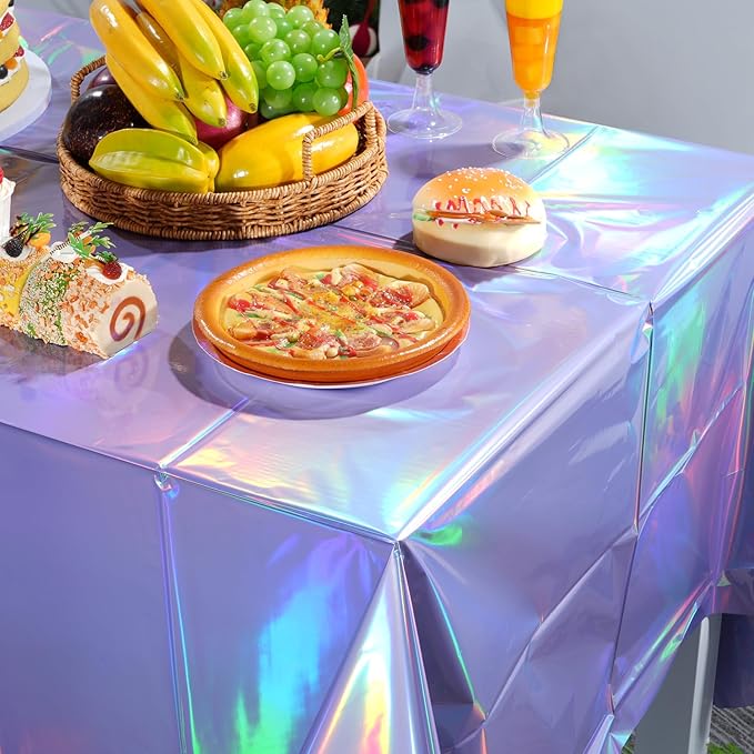 3 Pack Iridescent Light Purple Tablecloth for Parties, Pastel Purple Holographic Plastic Table Cover, Disposable Laser Purple Table Cloth for Birthday Wedding Baby Shower Party Decorations, 54x108Inch