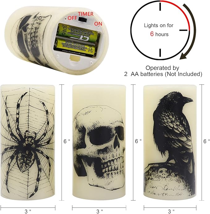 Eldnacele Halloween LED Flameless Flickering Candles Battery Operated with 6H Timer Skull Spider Web Crow Raven Spooky Decals Halloween Themed Indoor Decoration(3 Pack, D3 x H6)