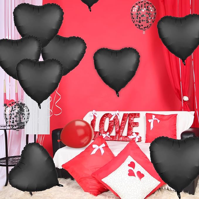Foil Heart Balloons - 10 Black Heart Shaped Balloons, 18inch Metallic Foil for Valentines Day, Wedding, Birthday, Halloween Party